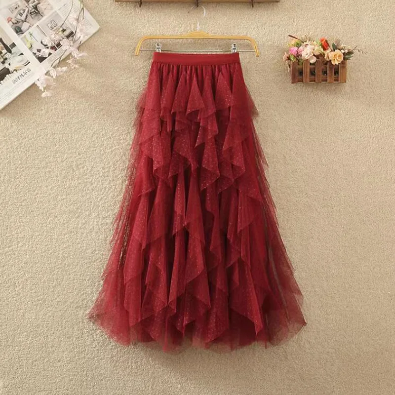 

OHRYIYIE Long Maxi Skirt Tiered Tulle Skirt Irregular Polka Dot A-line Skirt for Women Spring Summer 2024 Boho Mesh Tutu Skirt