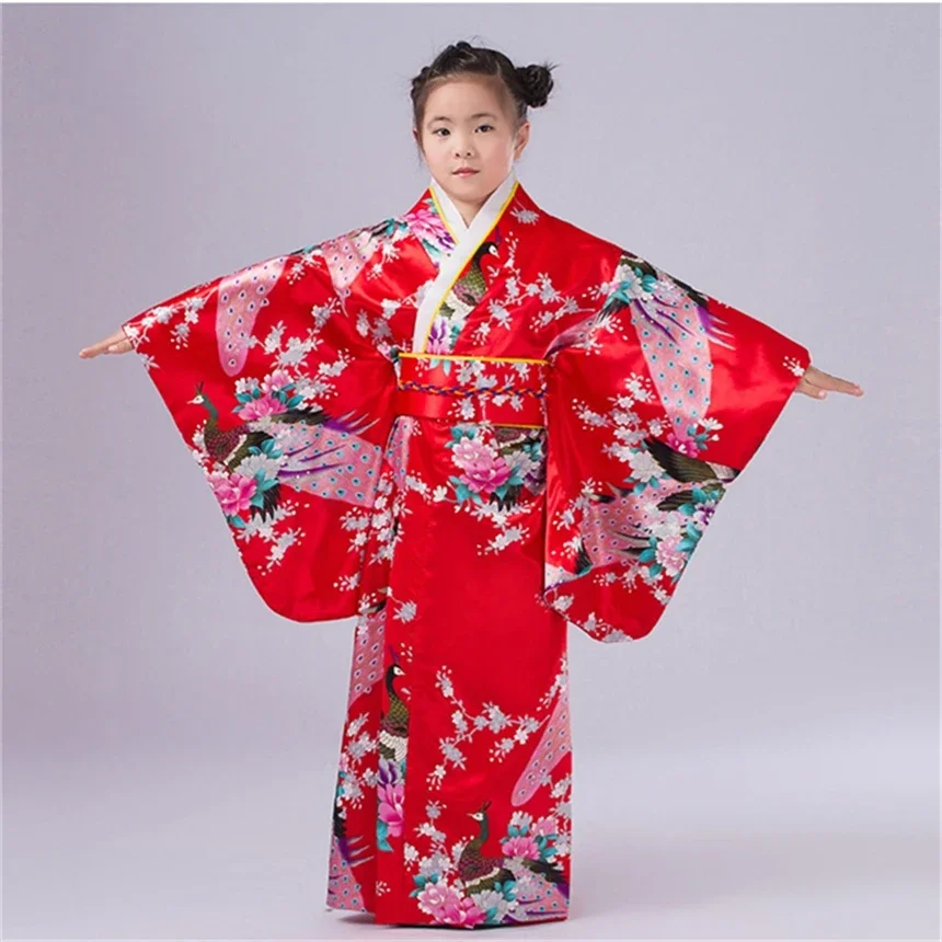 Traditional Kimono for Girls, Japanese Silk Dress, National Traditional Print, Cherry Red Blossoms Costume, Japan Clothing, 2023