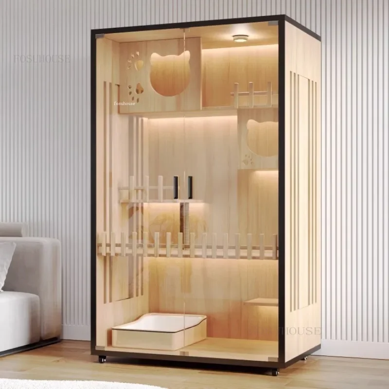 Solid Wood Cat Villa Cat Cages Home Indoor Comfortable Pet Litter House Large Free Space House Solid Wood Cabinet Pet Cage L