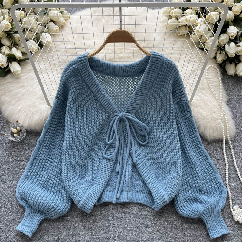 Autumn Winter Women Cardigan Warm Knitted Sweater Jacket Lantern Sleeve