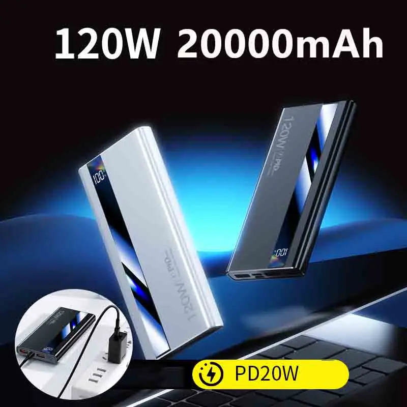 Power Bank da 20000 mAh 120 W Ricarica super veloce PD20W Display digitale Batteria esterna Powerbank per Iphone Samsung Huawei