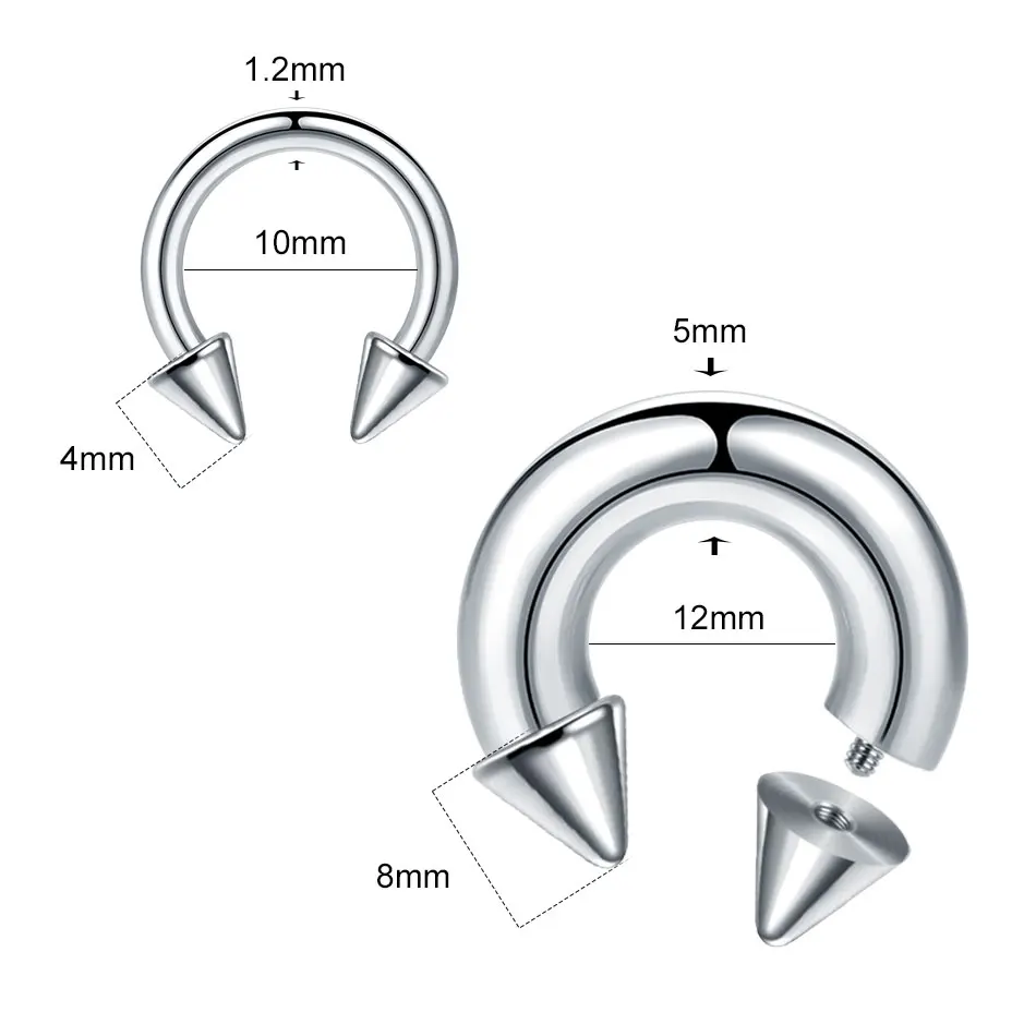 1/5개 스틸 2G-16G 스파이크 말굽 코 링 콘 대형 게이지 피어싱 바벨 셉텀 코/귀 확장기 여성/남성용 주얼리