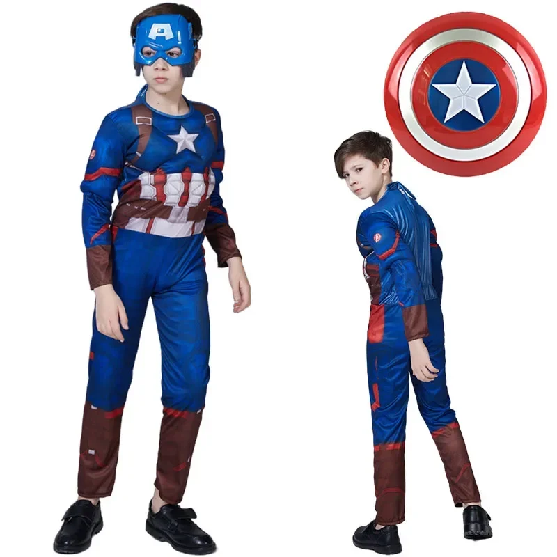 Kids Captain America Muscle Costume Superhero Cosplay Costume Tute Shield Mask Boys Suit Costume Di Halloween Per Bambini
