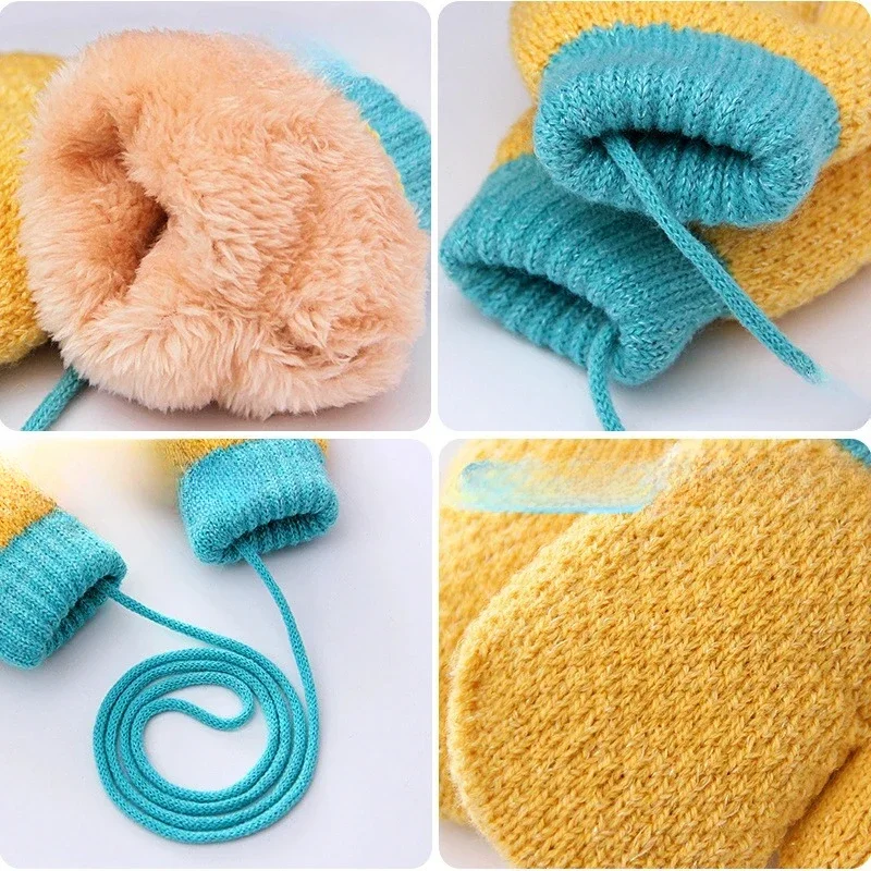 Winter Baby Boys Girls Knitted Gloves Warm Full Finger Mittens Gloves with Rope For Children Toddler Kids 0-4Years winter gloves baby mittens