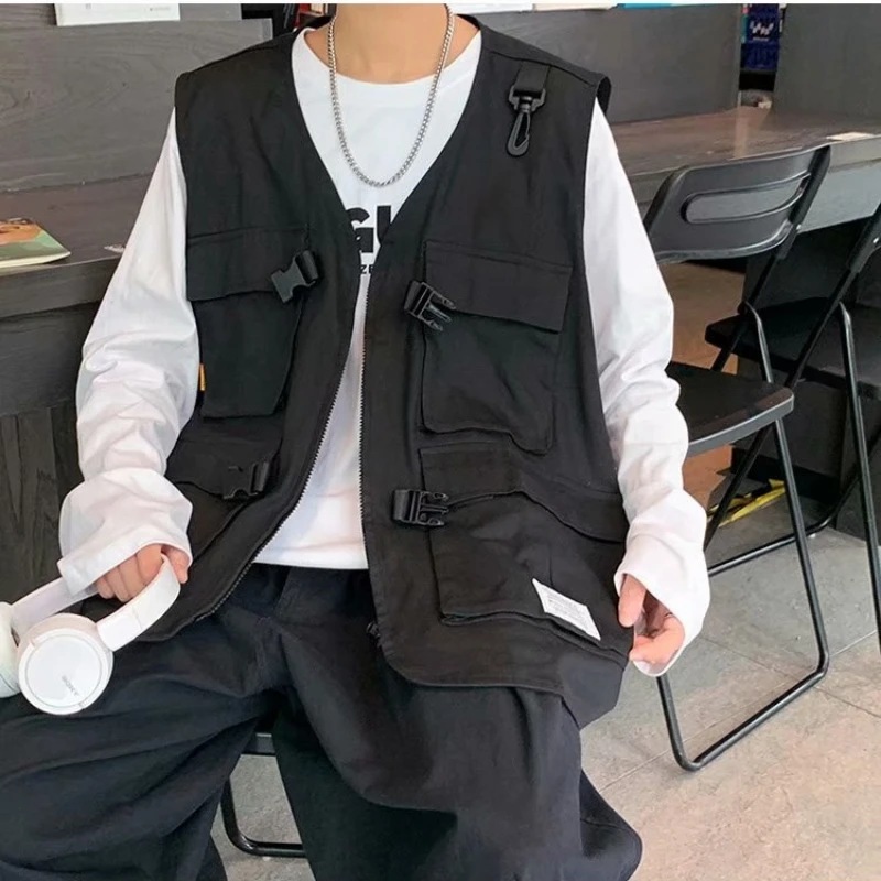 남성용 카고 조끼, 한국 패션, 올매치 빈티지 스트리트웨어, 멀티 포켓, 데일리 쿨 힙합 용수철 코트, 트렌디 의류
