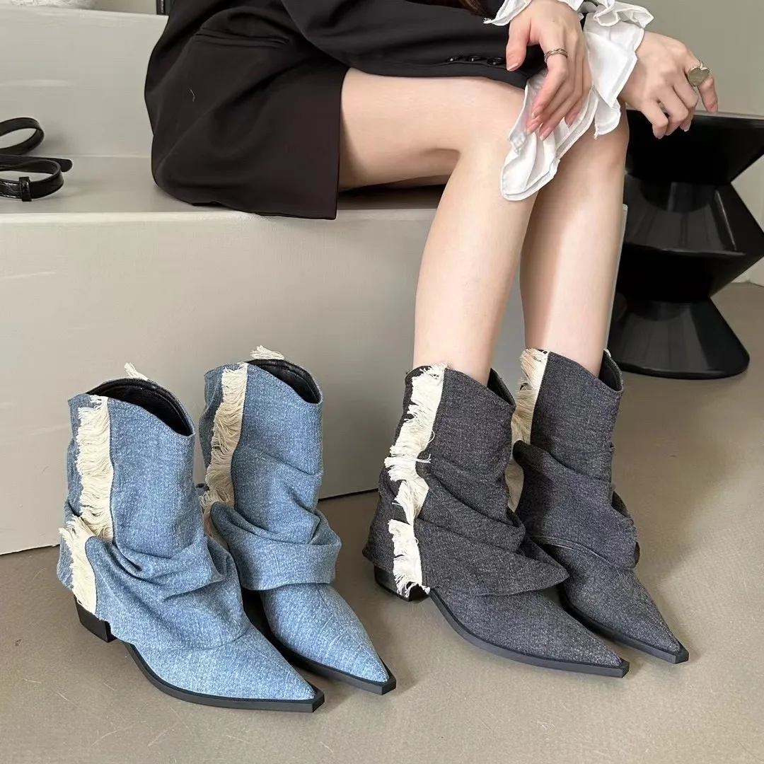 

2023 New Cowboy Boots Western Light Blue High heeled Retro Pointed Thick-heeled Boots Sleeve Tassel Short Boots Women
