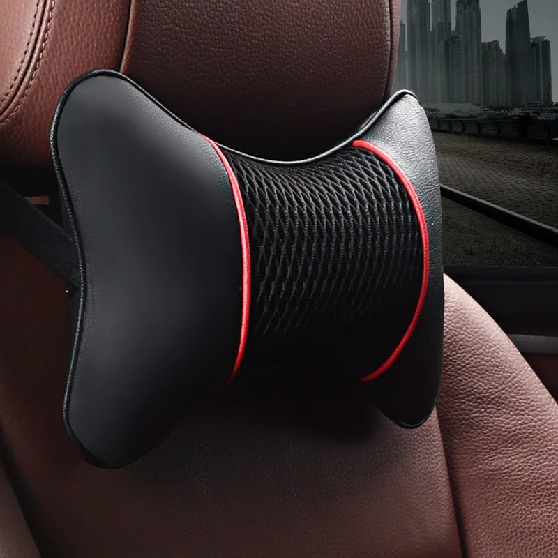 

2Pcs PU Leather Knitted Car Pillows Headrest Neck Rest Cushion Support Seat Accessories Auto Black Safety Pillow Universal Decor