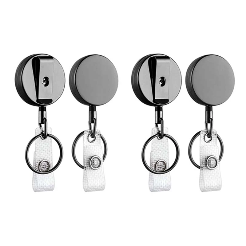 

4 Pack Mini Heavy Duty Retractable Badge Holder Reel, Metal ID Badge Holder With Belt Clip Key Ring(Small Glossy Black)