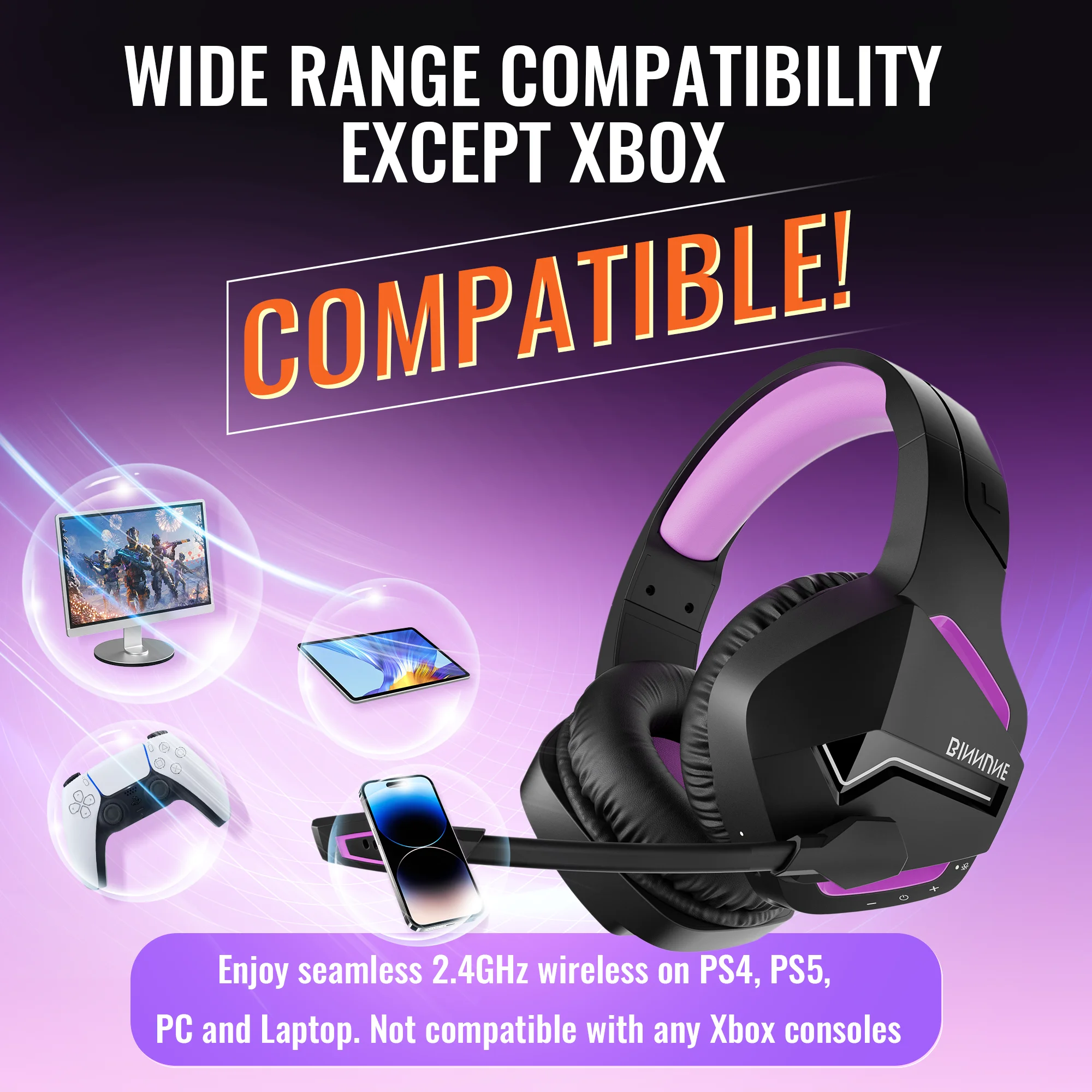 PC PS4 PS5용 마이크가 포함된 BINNUNE 듀얼 무선 게임용 헤드셋, 노트북 컴퓨터용 Bluetooth 게임용 헤드..