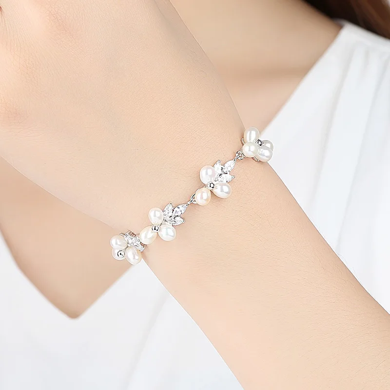 LUOTEEMI Elegant CZ Freshwater Pearl Bracelet Luxury Cubic Zirconia Women Flower Bridal Wedding Engagement Bracelets Jewellery