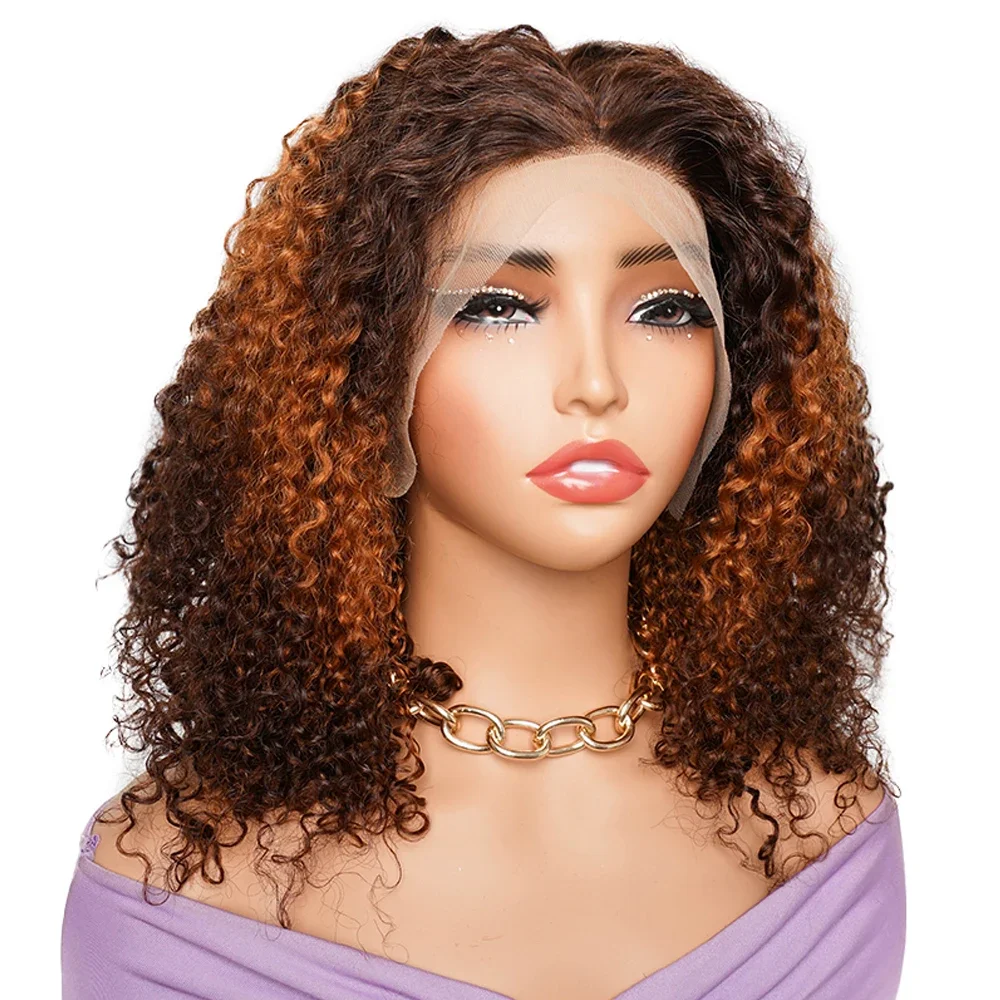 Double Drawn 300 Density Pixie Curl 13x4 Lace Front Wig Brown Ginger Human Hair Wig For Women Pre-Plucked Transparent Lace Bobbi