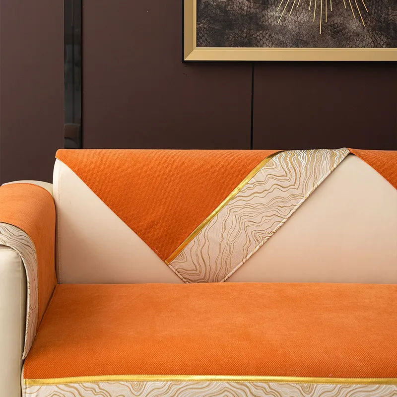 Chenille Orange Real Leather Sofa Cushion Fur Sofa Cover Non-slip and Dustproof Thick Soft Couch Cover Furniture Protector 4