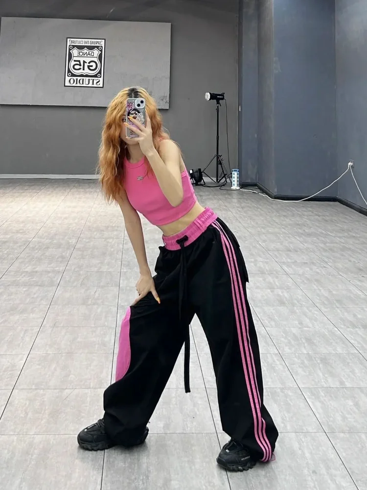 

Deeptown Y2K Kpop Pink Patchwork Sweatpants Women Hippie Streetwear Oversized Baggy Wide Cargo Pants Harajuku Striped Trousers