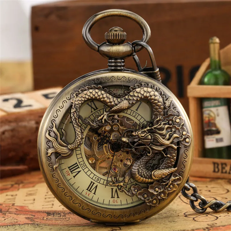 Old Fashion Hollow Out Dragon Half Hunter Clock Hand Wind Mechanical Skeleton Pocket Watch for Men Women Pendant Chain Timepiece