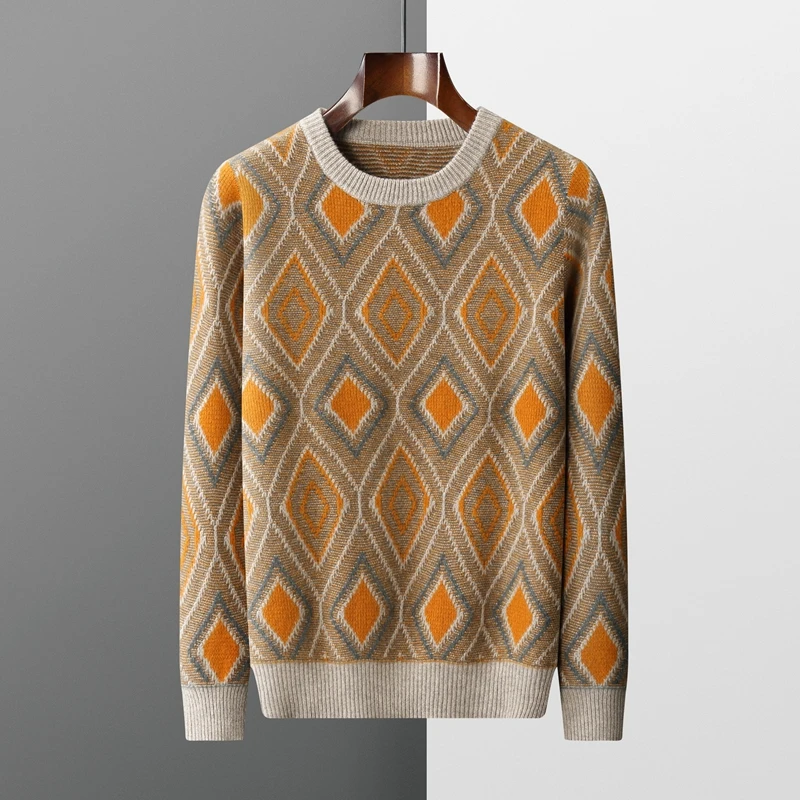 Autumn and winter new 100% merino sweater men's O-neck pullover fashion retro jacquard leisure cashmere sweater bottoming shirt 3