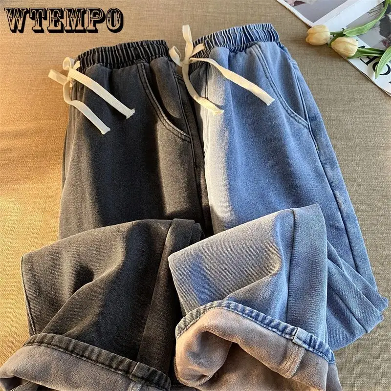 

Winter Women Thick Velvet Jeans Fleece Full Length Korean Version High Waist Wide Leg Pants Jean Casual Warm Denim Trousers Y2k