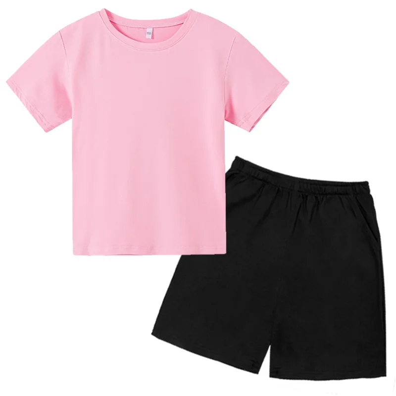 

Summer Children's Solid color Tshirt Tops +Shorts Sets Leisure Clothing Boys Girls Round neck Set 3-12 Year