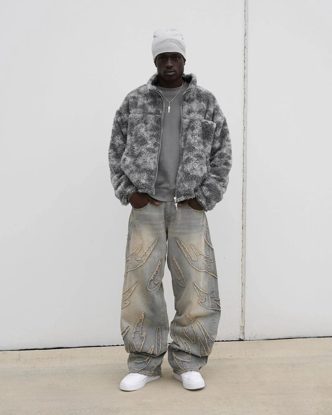2023 Street Retro Raw Edge Embroidery Baggy Jeans for Men