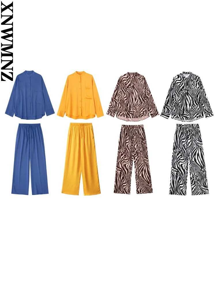 

XNWMNZ 2022 women fashion long sleeve shirt or elastic high waist trousers casual high street female 2 piece suit