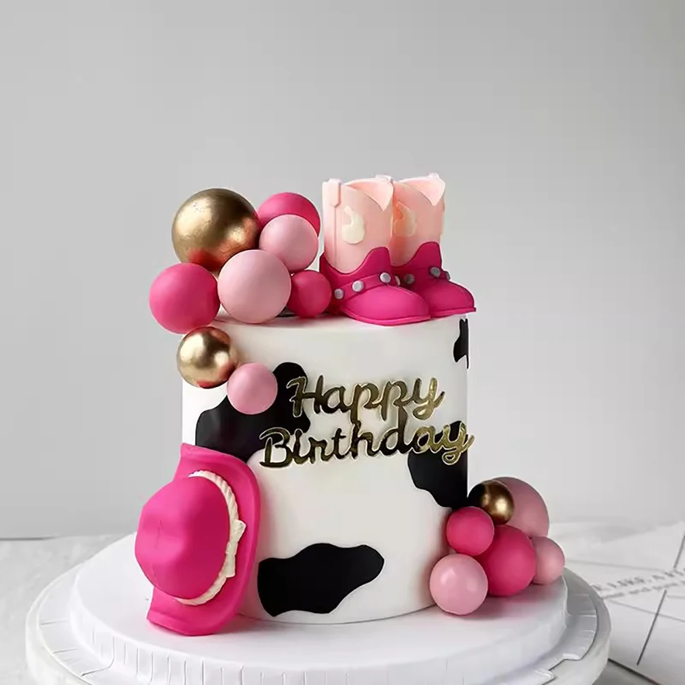 Set 16 Decorazioni Per Torta A Tema Cowboy, Cappello E Stivali Rosa, Palline, Topper Per Torte Di Compleanno, Baby Shower, Festa Western