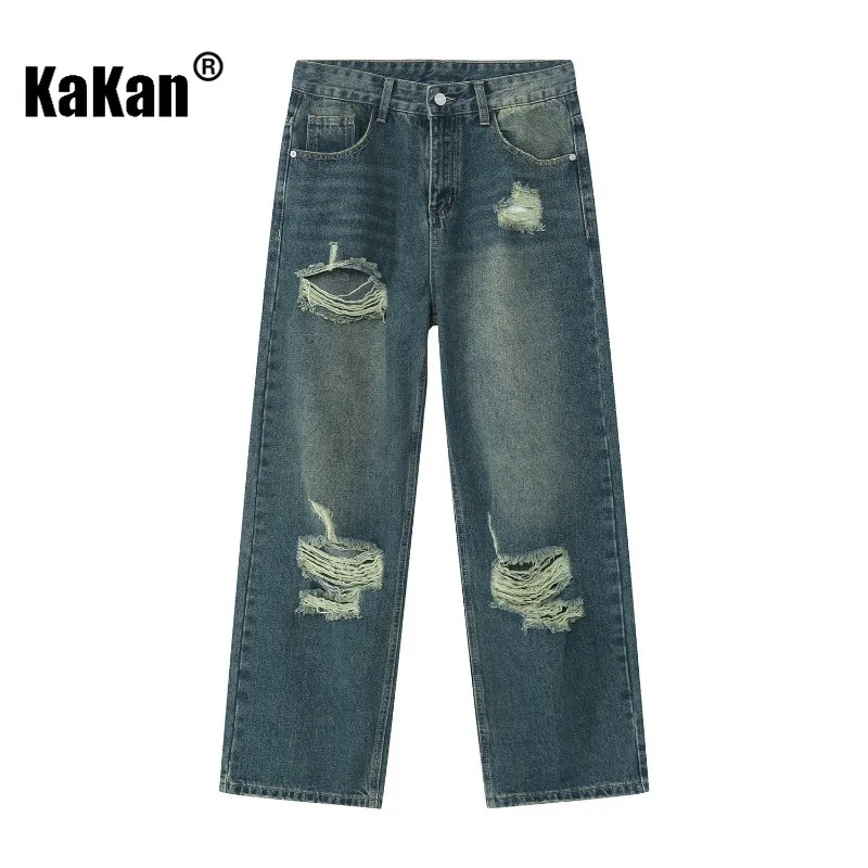 Kakan - New Korean Vintage Loose Drag Hole Jeans for Men, Street Hip Hop Trendy Denim Pants K50-M7-D-488