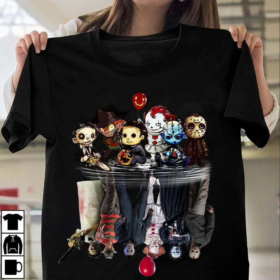 

Horror Movie Characters Squad Water Reflection Halloween Gift T-Shirt 100% Cotton O-Neck Summer Short Sleeve Casual Mens T-shirt