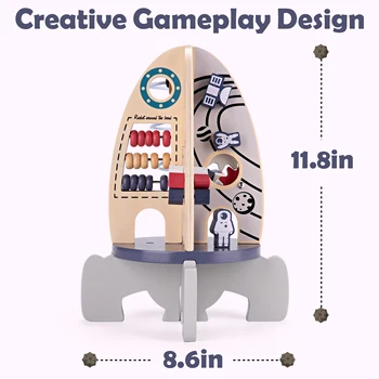 Wooden Toys Activity Cube, Montessori Toys for 1 Year Old, Baby Space Toy Rocket Cube, Bead Maze, STEM Developmental Birthday Gi 2