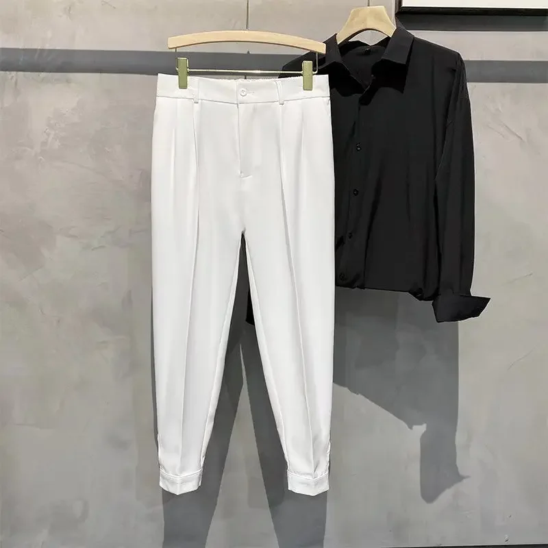 thumbnail image 1 of Pantalones de traje de sastrería social recortados para hombre, de negocios, de seda de hielo, elásticos, de verano, rectos y holgados, 1 of 5