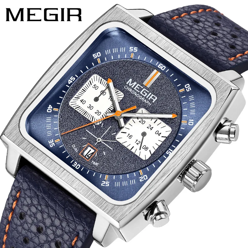 

MEGIR 2182 Men's Business Quartz Watch Original Chronograph Luminous Wristwatches with Leather Band Square Dial Date Sport Clock