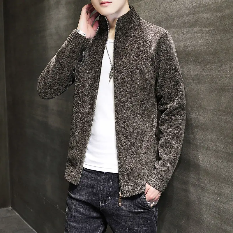 Deep Colour Business Casual Solid Colour Simplicity Stand Collar Rib Long Sleeve Zipper Jackets Knitting Thick Sweater Coats