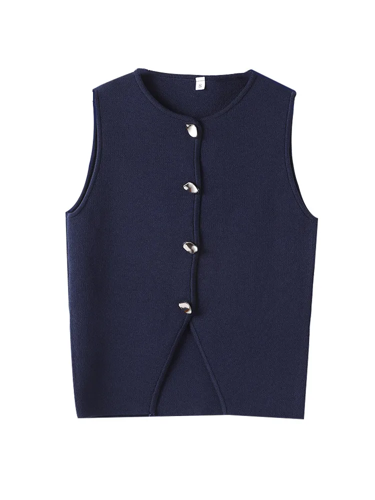 thumbnail image 2 of Chaleco elegante de cuello redondo para mujer, Top corto sin mangas con botonadura única, moda urbana, 2024, 2 of 5