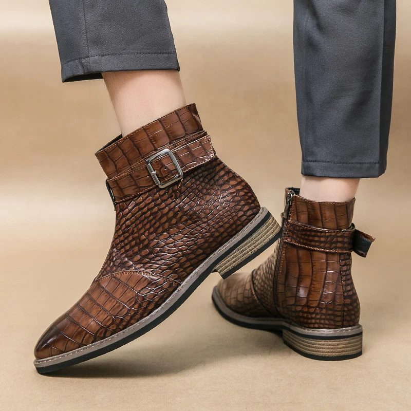 High End Banquet Formal Boots Winter Ankle Boots Men's Business Shoes Pointed Men's Genuine Leather Shoes Retro Brown Size:38-46