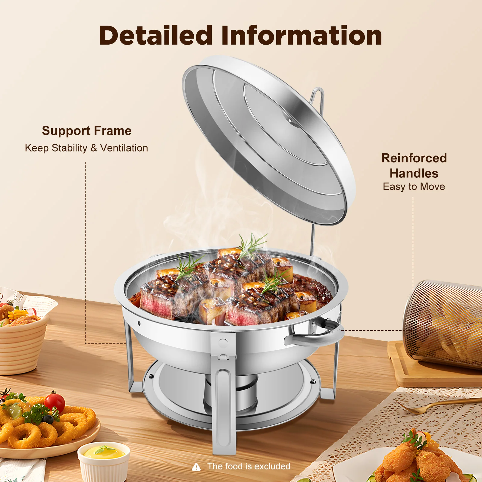 7,5L Runder Chafing Dish, 410 Edelstahl Buffet-Wärmer für Partys/Hochzeiten/Camping - Hält Speisen Warm/Kalt – Detail 3