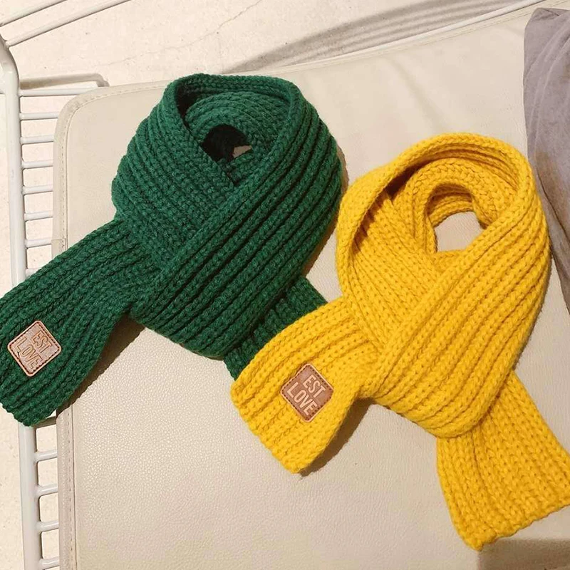 Winter Children Colors Soft Knitting Wool Thermal Scarf Boys Girls Lovely Outdoor Warmer Scarf Kids Solid Labelled