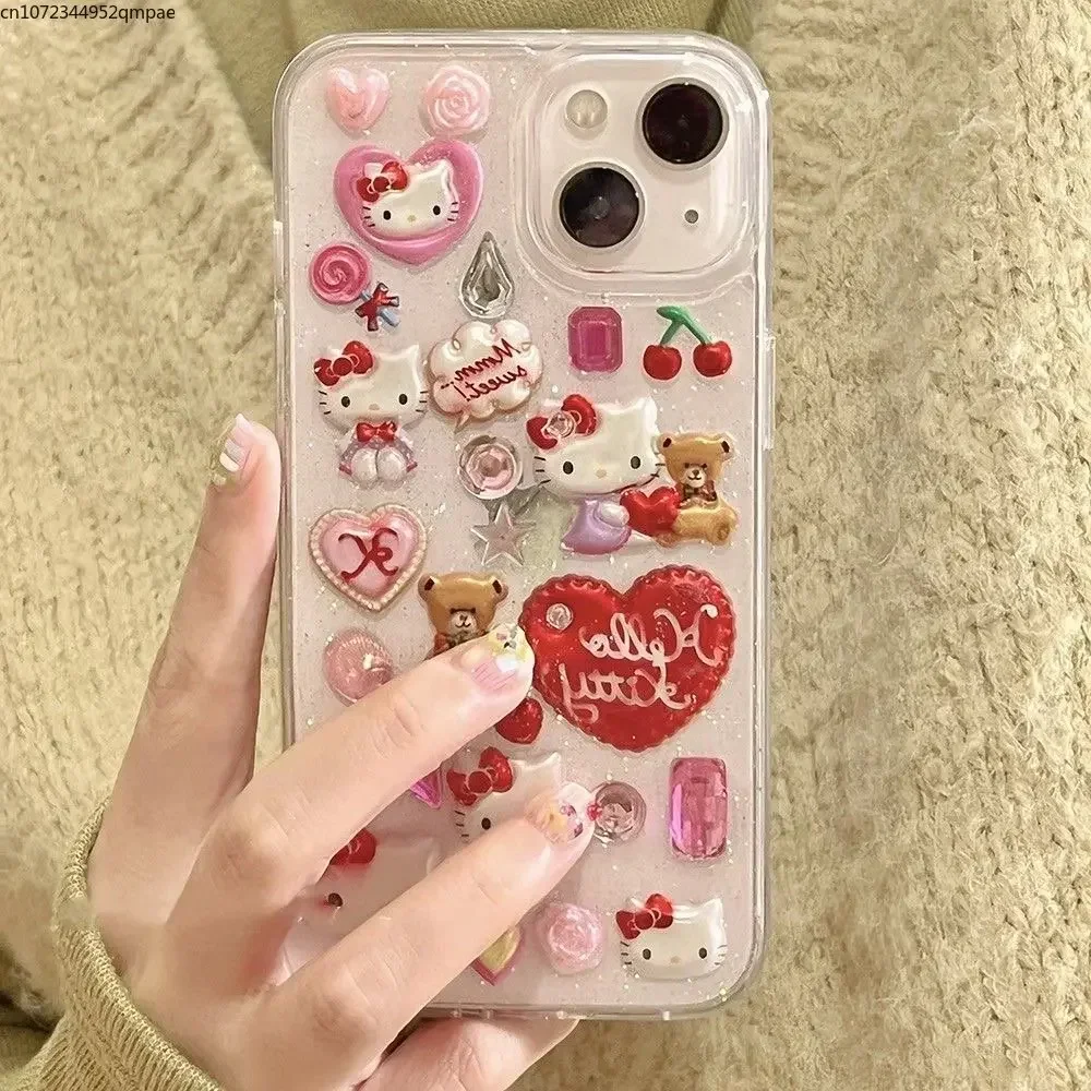 

Sanrioed HelloKittys 3D Love Y2k Phone Case IPhone 11 12 13 14 15Pro Max 15Pro Drop Resistant Soft Phone Case Gift