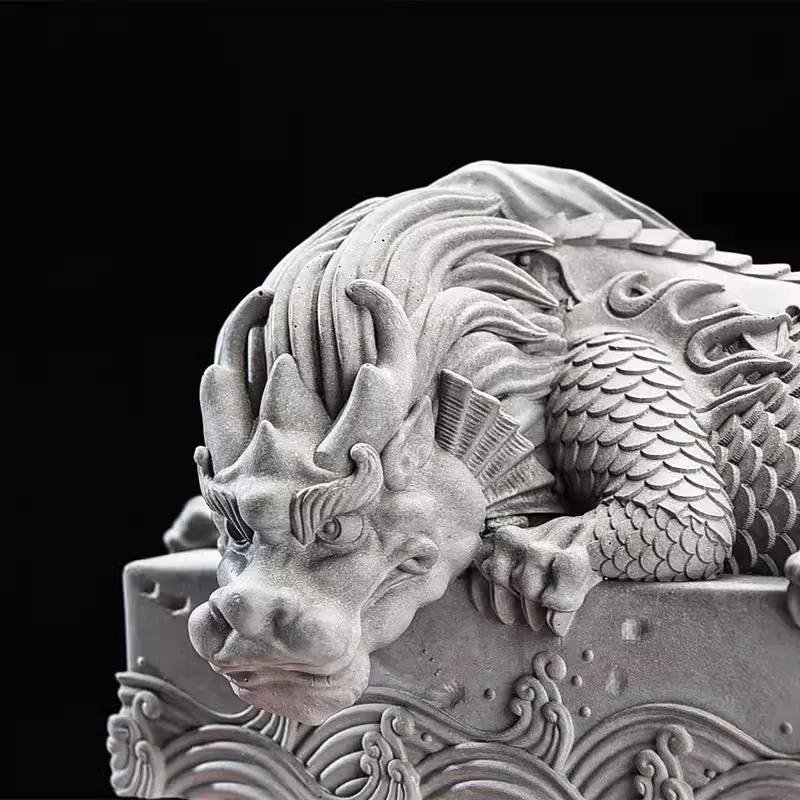 Chinese Mascot Pan Dragon Pillar Decorative Statue, Green Sand Stone Sculpture, Home Living Room and Office, Feng Shui Statue