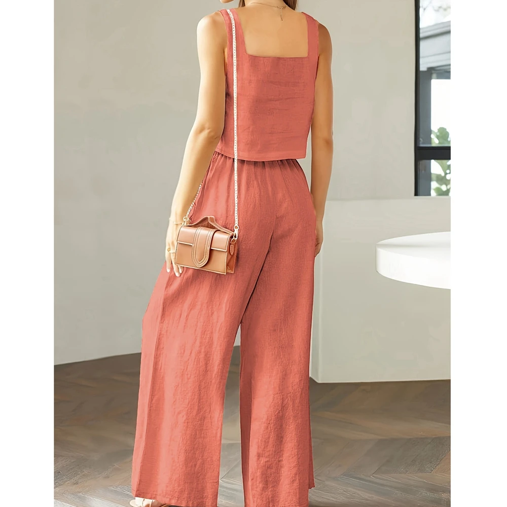 Pantsuit 2 Piece Set for Women 2024 Casual Solid Sleeveless Square Neck Crop Top & Wide Leg Pants Sets Ensemble Femme Suits y2k