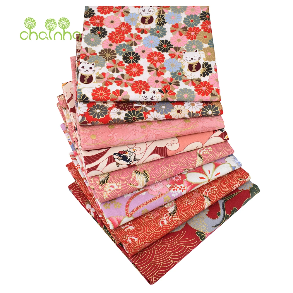 Chainho,Red Bronzing Printed Plain Cotton Fabric,DIY Quilting & Sewing Material,Handmade Patchwork Cloth,11 Designs,4 Sizes,CT52