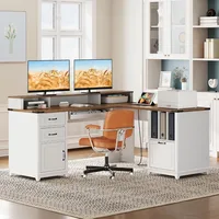 Farmhouse 69" Executive L Shaped Desk with Drawer, Home Office Desk with Charging Station, Corner Computer Desk 1
