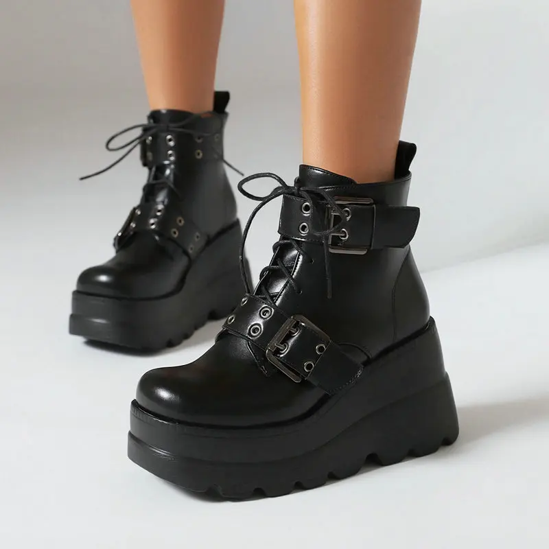 

2023 Autumn Winter Women Ankle Boots Fashion Buckle Wedges High Heel Short Boots Round Toe Lace Up Ladies Boots Shoes Black