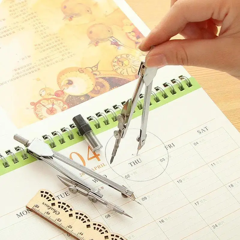 Metal Drafting Tools Drawing Math Geometry School Compasses Set with Pencil Refill Stationery Students Educational Supplies