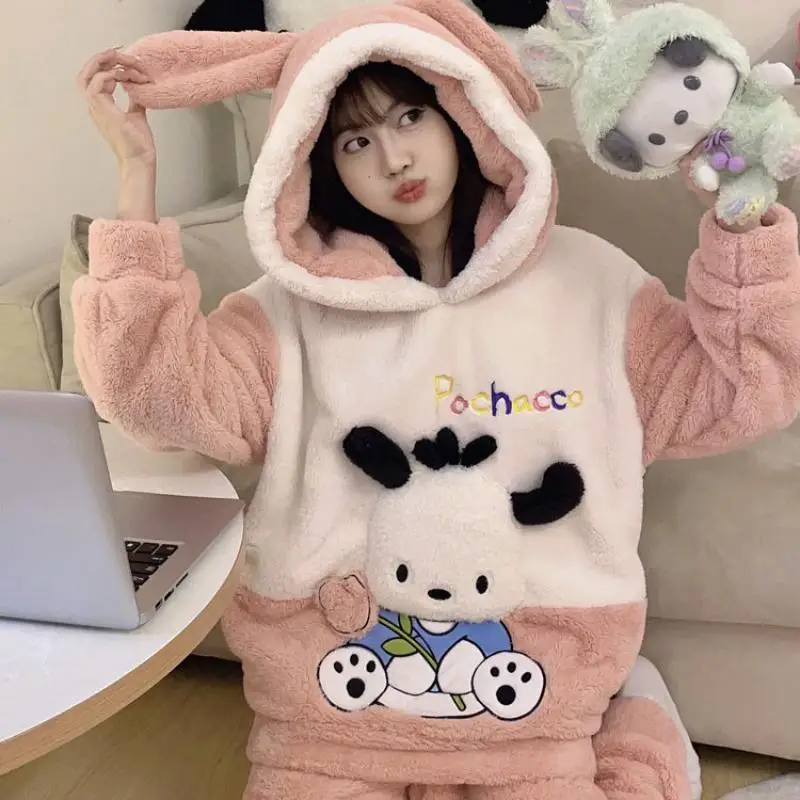 

Sanrio Cinnamoroll Pajamas Women Winter Anime Coral Velvet Plush Thickened Cartoon Cute Autumn Winter Flannel Home Clothing Set