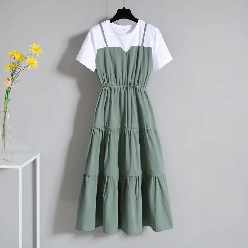 

Women's Fashion Suspender Fake Two-piece 2024 Summer New Chinese Slimming Short Sleeved Dress
