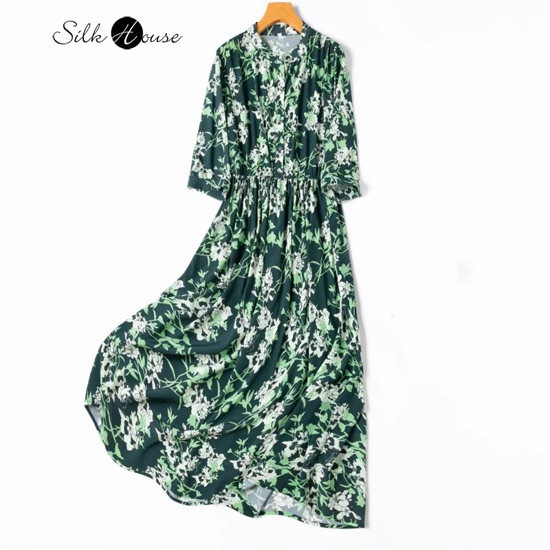 

Forest Series 93% Natural Mulberry Silk Elastic Crepe De Chine Standing Neck Three-quarter Sleeve Holiday Style Women's Dress