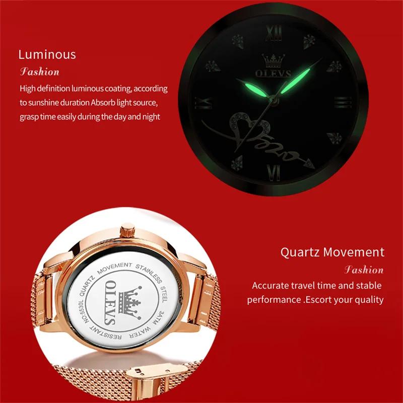 OLEVS Rose Gold Red Heart Dial Women Watches Luxury Watch For Women Fashion Casual Women's Bracelet Watches Waterproof Ladies