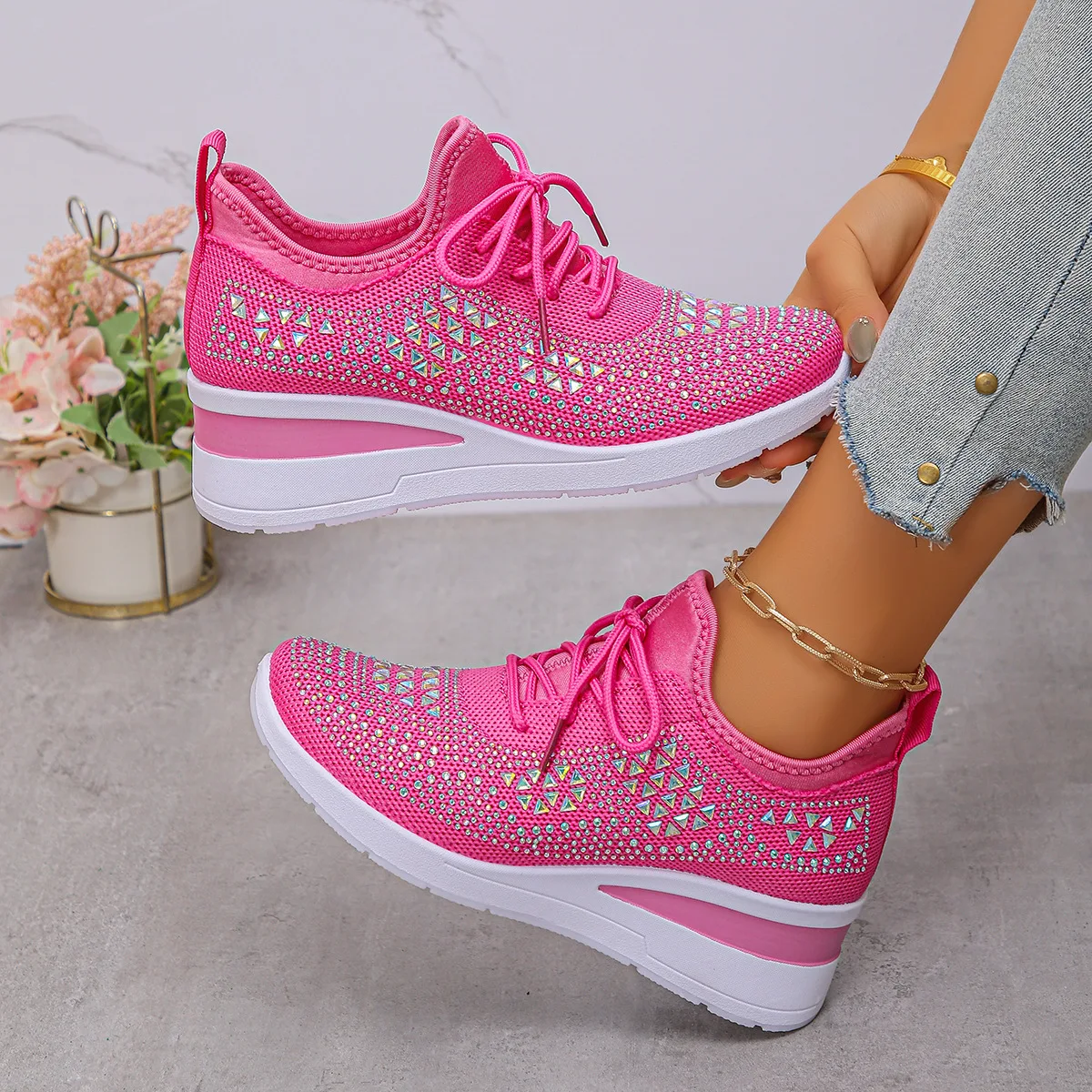Women's Sneakers Shiny Rhinestone Wedge  Breathable Knit Non Slip Walking Shoes Woman Plus Size Fashion Thick Sole White Sneaker