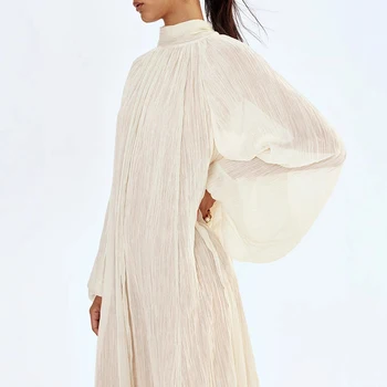 Ladies O-neck Long Sleeved Pleated Holiday Dress New 2026 Spring Summer Loose Long Dress Elegant Lantern Sleeve Lace Up Dresses 1