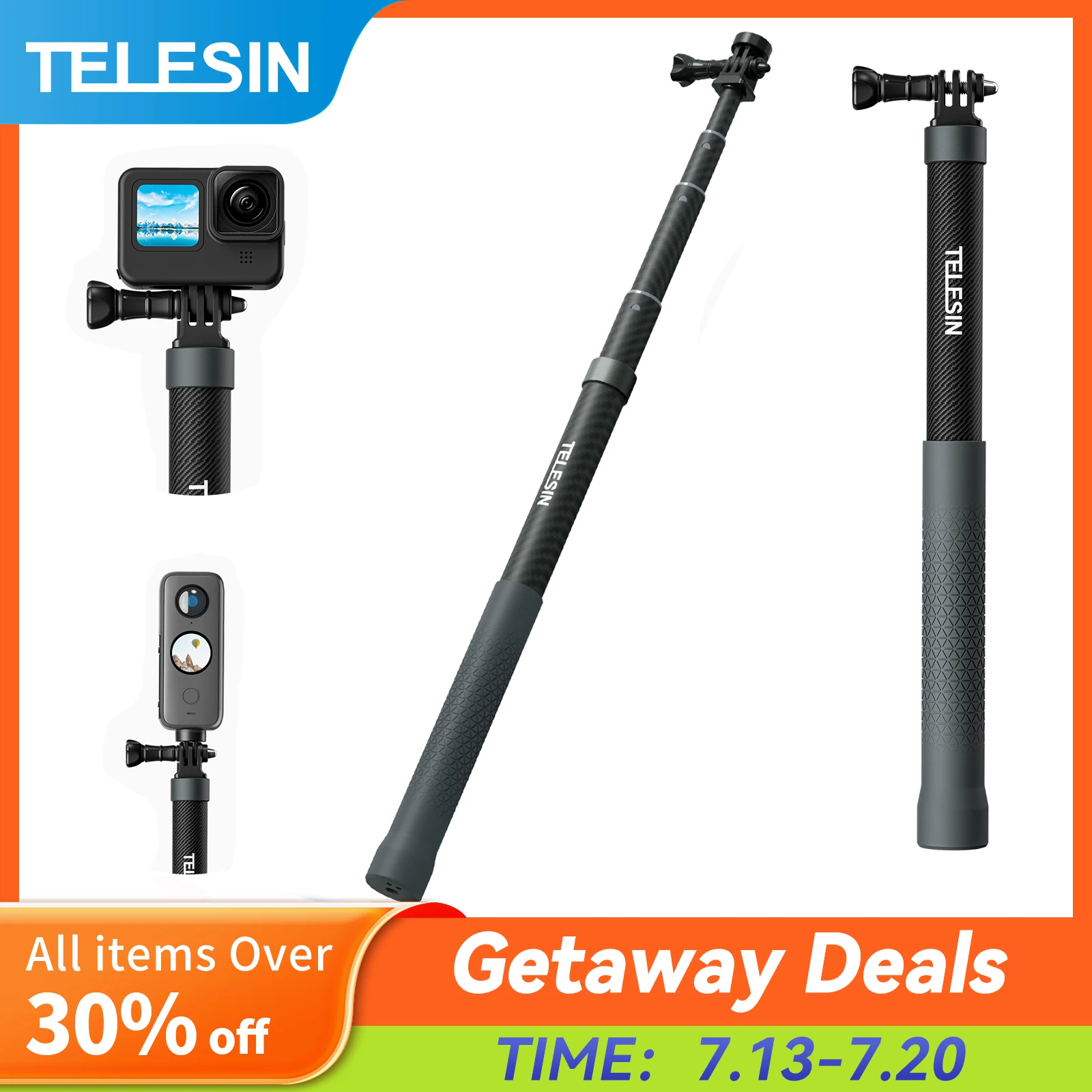 

TELESIN 1.2M 3M Carbon Fiber Selfie Stick Monopod Extendable With 1/4 Screw For GoPro Insta360 Osmo Action DJI Action Camera