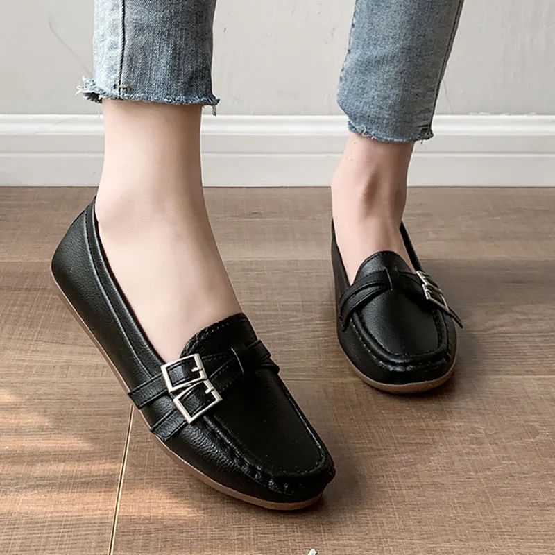 Women Oxford Shoes Double Buckle Slip On Flat Shoes Women
