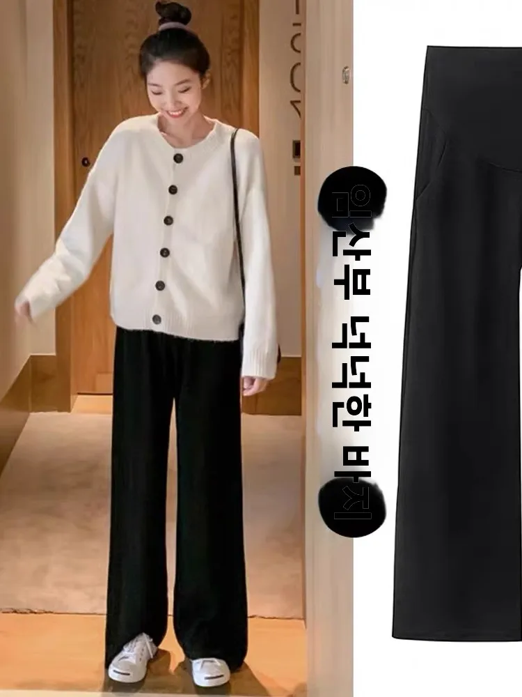 임산부 바지 가을 겨울 패션 블랙 와이드 레그 팬츠 여성 가을 겨울 양털 두꺼운 루즈 스트레이트 튜브 팬츠